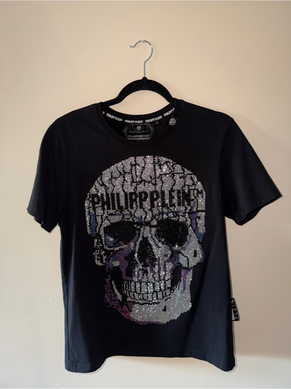 Philipp Plein Platinum Cut Rhinestone Skull T-Shirt in Black L